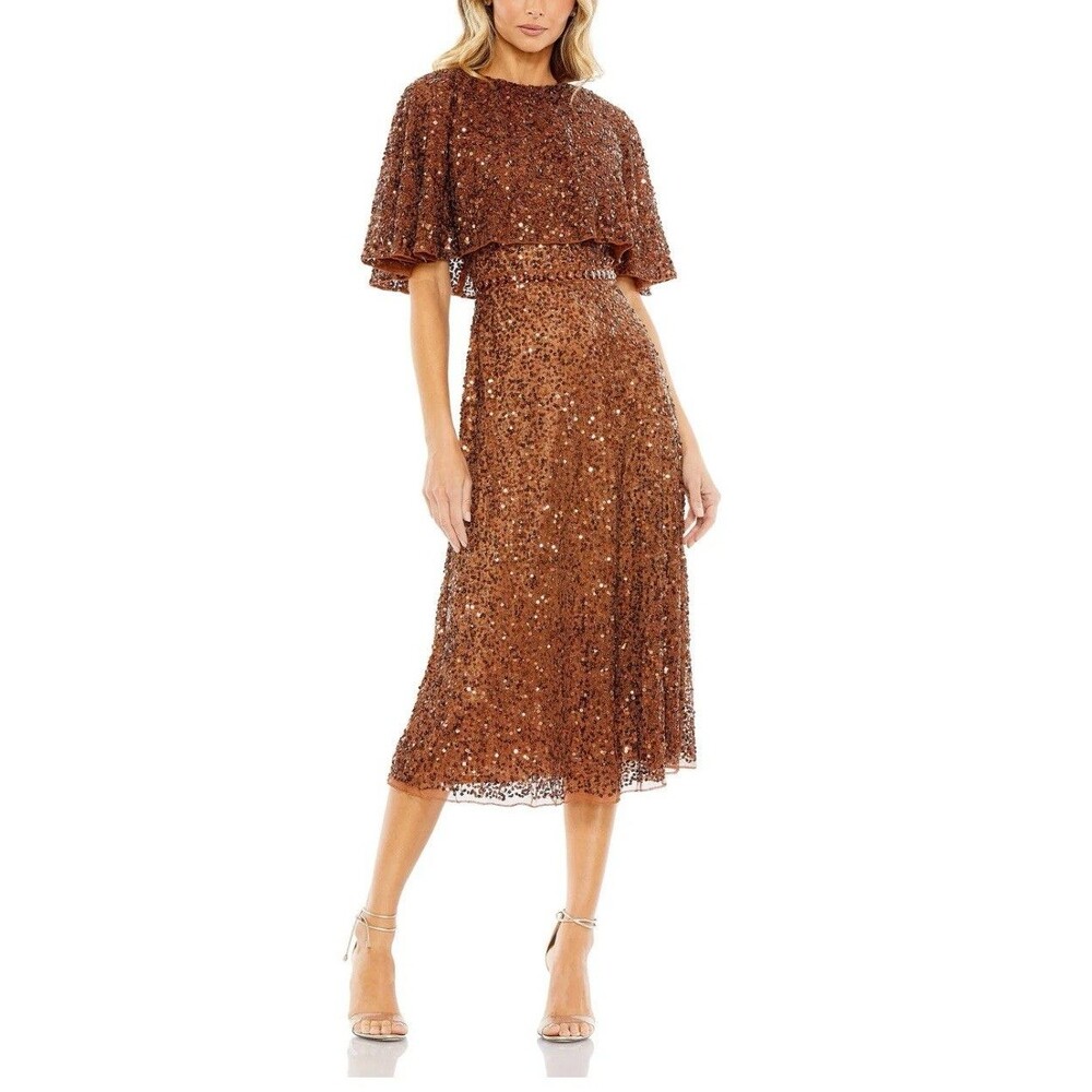 Mac Duggal 5577 Size 6 Copper Sequin Capelet Midi Dress Crystal Waist NWT $498‎